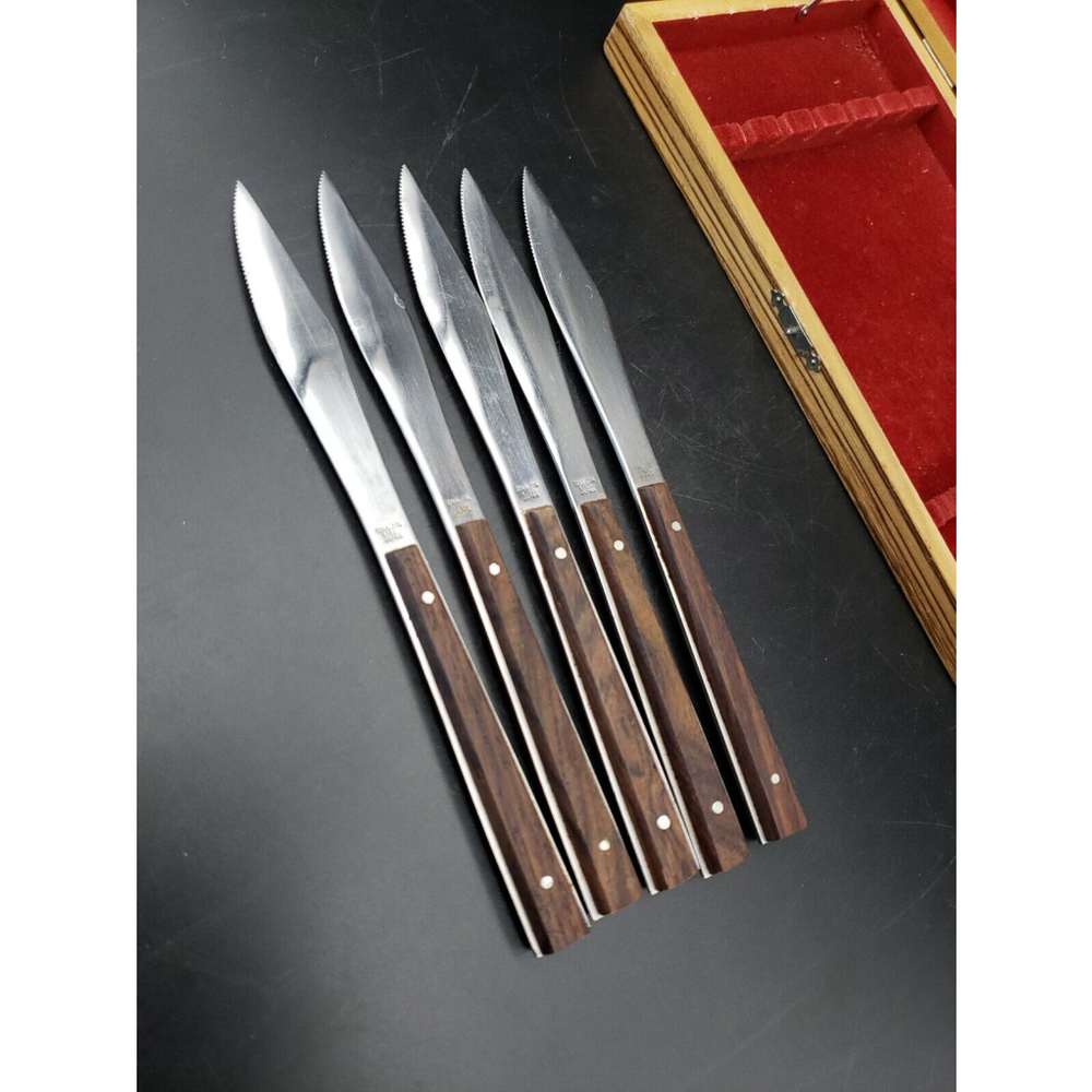 Vintage Mid Century Modern MCM 5 Wood Handle Steak Knife Set - Picture 10 of 12